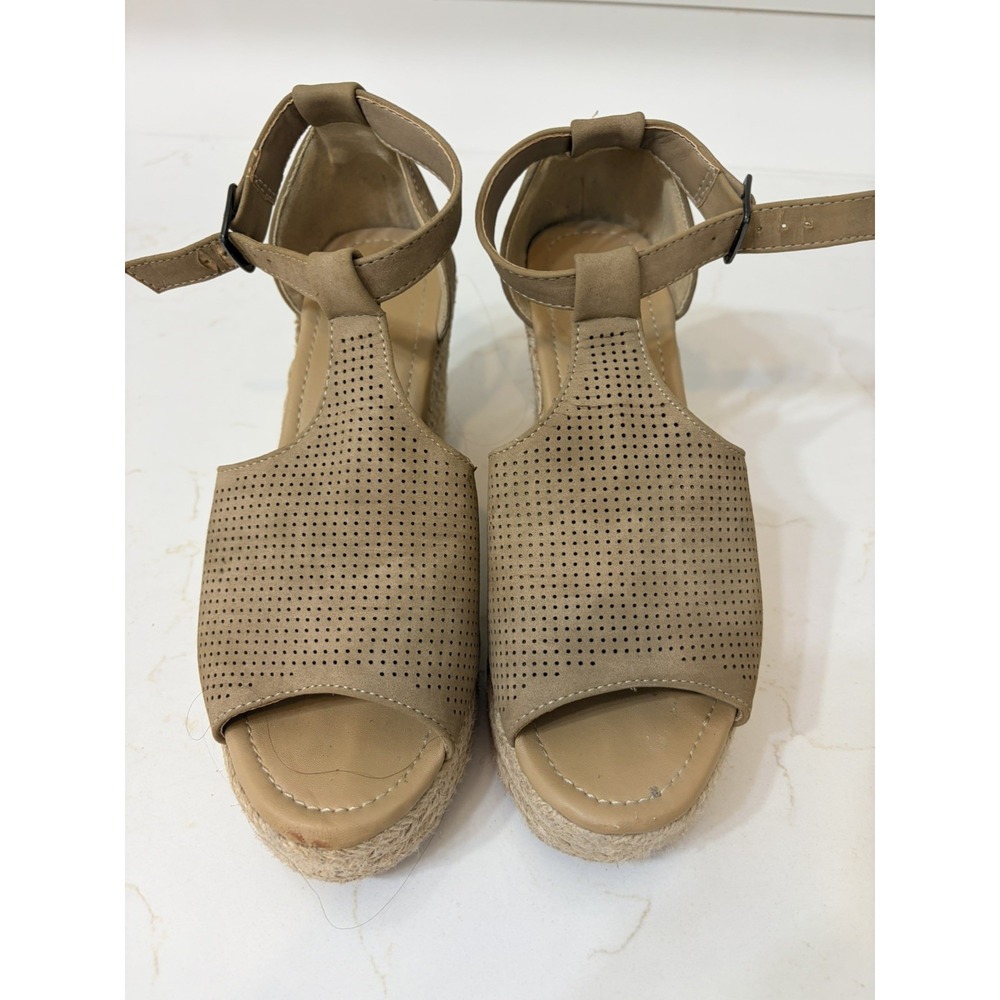 Pierre Dumas Wedge Strappy Sandals Nude Leather Women's US Size 7